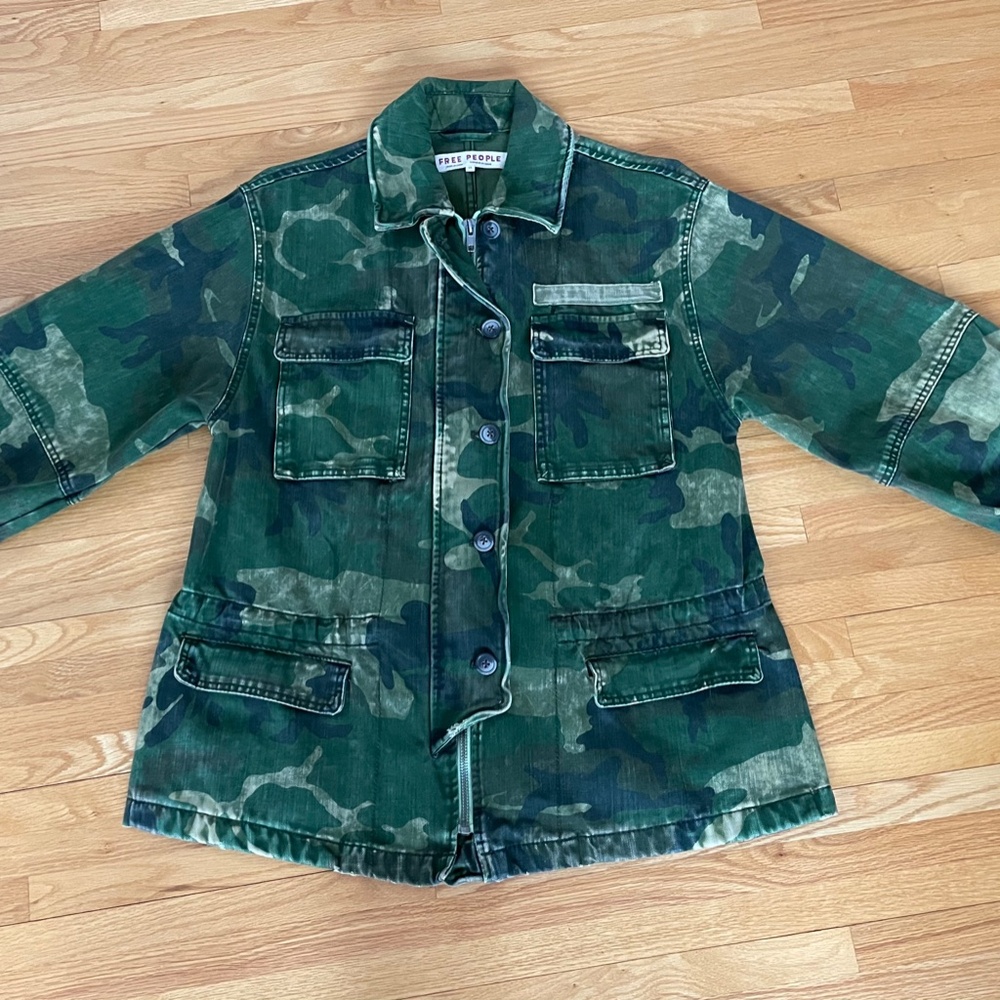 Free People Seize The Day Military Jacket Camo Denim Utility Cargo Army Green
